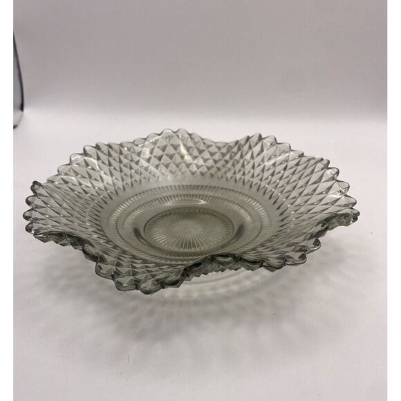 Indiana Glass Other - Indiana Glass Clear/Gray‎ Diamond Point Cut Glass Round Candy Dish Ruffled Edge
